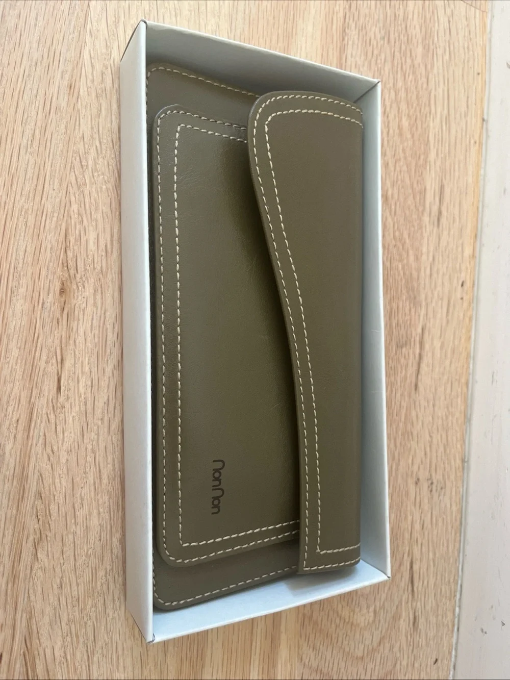 Vintage NonNon Japan Olive Green Leather Long Envelope Wallet NIB Deadstock
